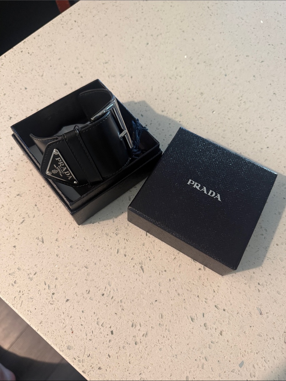 Prada Black Leather Bicep Cuff with Silver Buckle and Logo Triangle